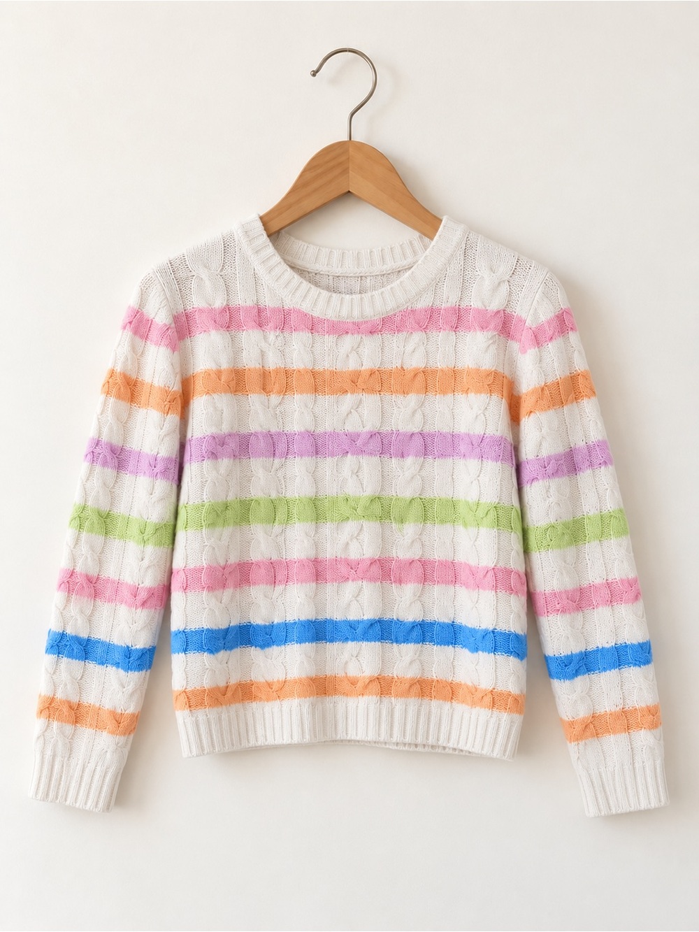 White Cable-Knit Sweater with Pastel Stripes
